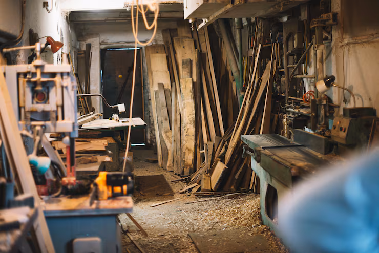 Carpentry tools and lumber scraps from a construction project