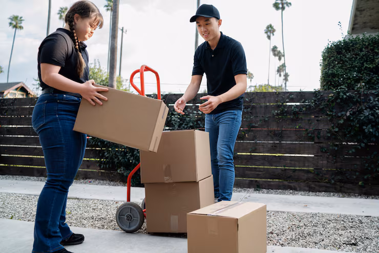 Worker unloading boxes from a van during a cleanout