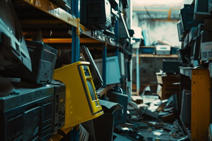 Shelves of old electronic devices monitors and computer hardware for e-waste disposal in Murfreesboro TN