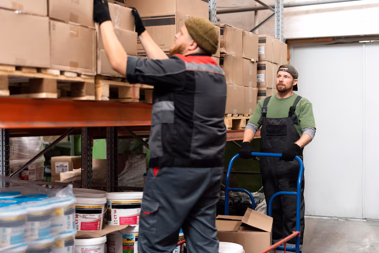 Crew moving boxes and items out of a storage area