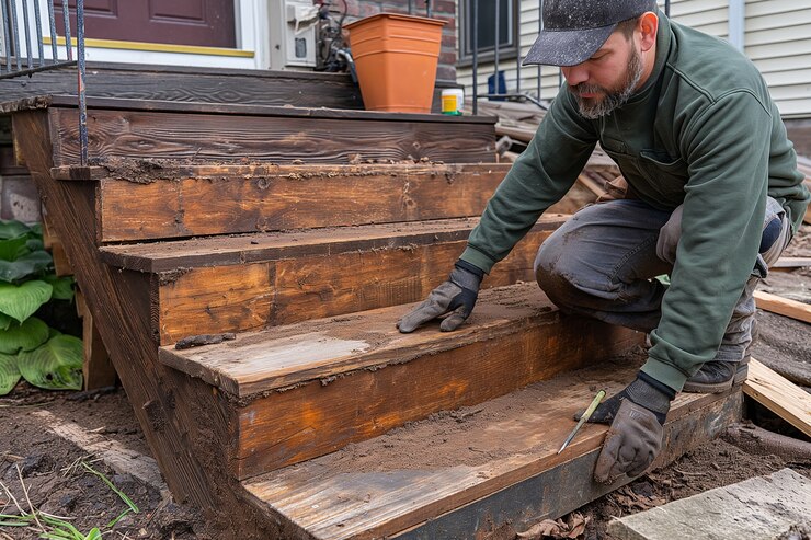 Worker tearing out old wooden deck steps