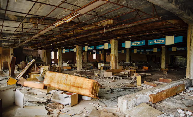 Abandoned commercial building with construction debris